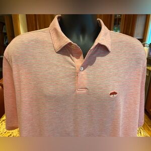 Peter Millar men’s golf polo. Sharp pink with grey stripes & logo. Large